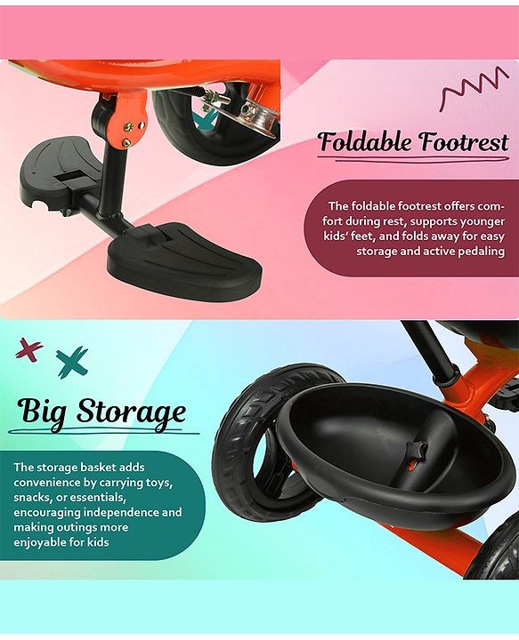 Babyhug Tricycle with Parental Push Handle-Orange| Safety Harness| Foldable Footrest| Storage Baskets| Anti-Slip Pedals| Adjustable Push Bar| Puncture Proof Wheels| Comfortable Seat| High Backrest