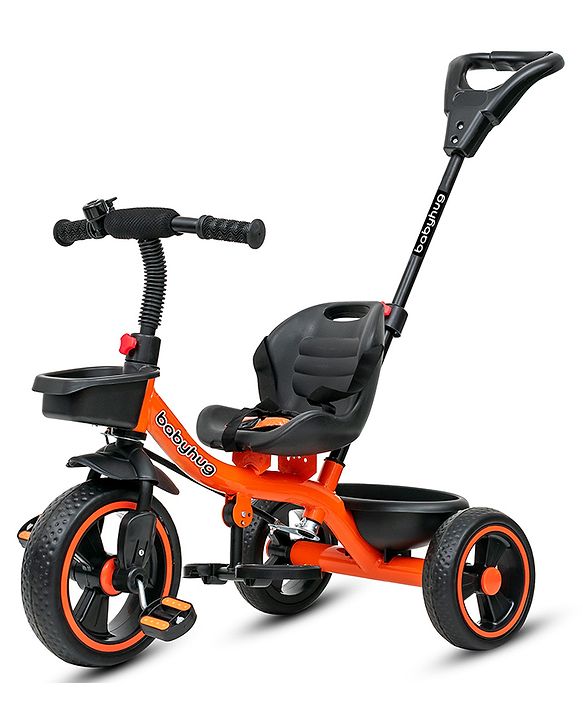 Babyhug Tricycle with Parental Push Handle-Orange| Safety Harness| Foldable Footrest| Storage Baskets| Anti-Slip Pedals| Adjustable Push Bar| Puncture Proof Wheels| Comfortable Seat| High Backrest