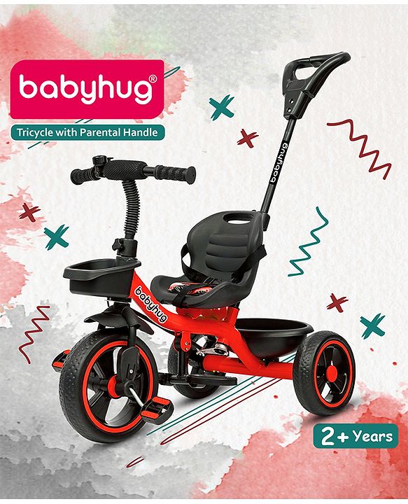Babyhug Tricycle with Parental Push Handle-Orange| Safety Harness| Foldable Footrest| Storage Baskets| Anti-Slip Pedals| Adjustable Push Bar| Puncture Proof Wheels| Comfortable Seat| High Backrest