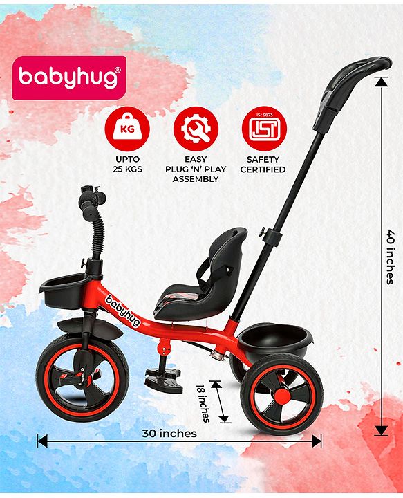 Babyhug Tricycle with Parental Push Handle-Orange| Safety Harness| Foldable Footrest| Storage Baskets| Anti-Slip Pedals| Adjustable Push Bar| Puncture Proof Wheels| Comfortable Seat| High Backrest