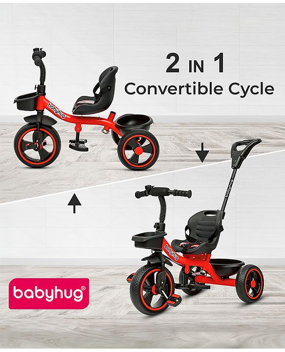 Babyhug Tricycle with Parental Push Handle-Orange| Safety Harness| Foldable Footrest| Storage Baskets| Anti-Slip Pedals| Adjustable Push Bar| Puncture Proof Wheels| Comfortable Seat| High Backrest