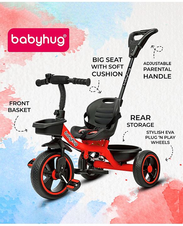 Babyhug Tricycle with Parental Push Handle-Orange| Safety Harness| Foldable Footrest| Storage Baskets| Anti-Slip Pedals| Adjustable Push Bar| Puncture Proof Wheels| Comfortable Seat| High Backrest