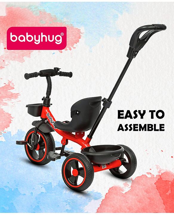 Babyhug Tricycle with Parental Push Handle-Orange| Safety Harness| Foldable Footrest| Storage Baskets| Anti-Slip Pedals| Adjustable Push Bar| Puncture Proof Wheels| Comfortable Seat| High Backrest