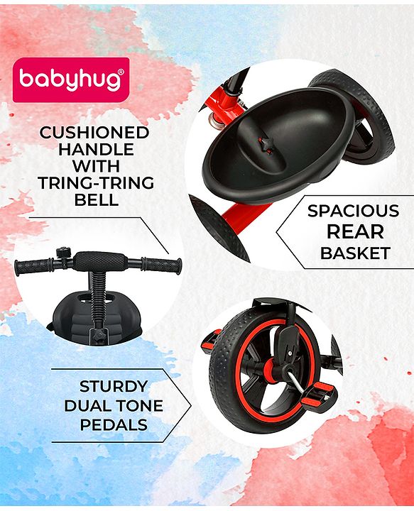 Babyhug Tricycle with Parental Push Handle-Orange| Safety Harness| Foldable Footrest| Storage Baskets| Anti-Slip Pedals| Adjustable Push Bar| Puncture Proof Wheels| Comfortable Seat| High Backrest