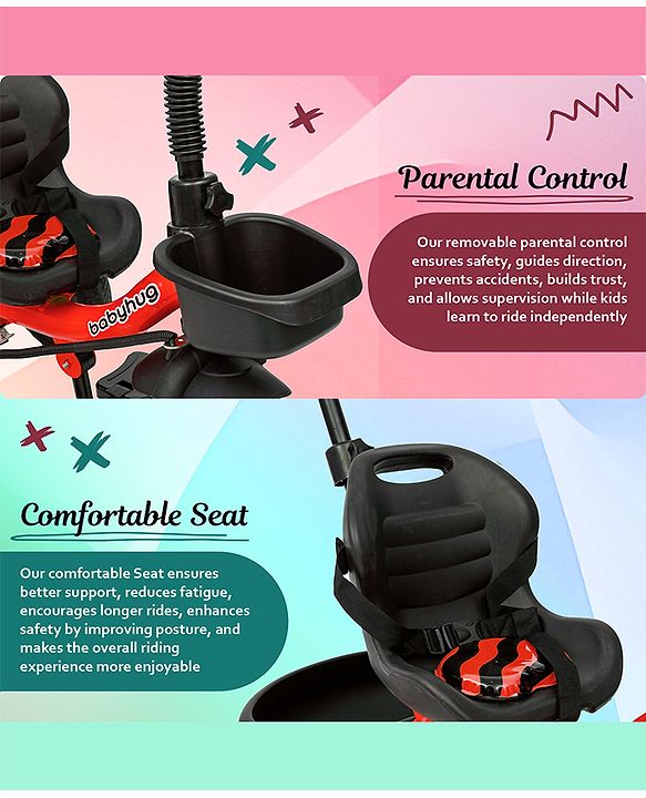 Babyhug Tricycle with Parental Push Handle-Orange| Safety Harness| Foldable Footrest| Storage Baskets| Anti-Slip Pedals| Adjustable Push Bar| Puncture Proof Wheels| Comfortable Seat| High Backrest
