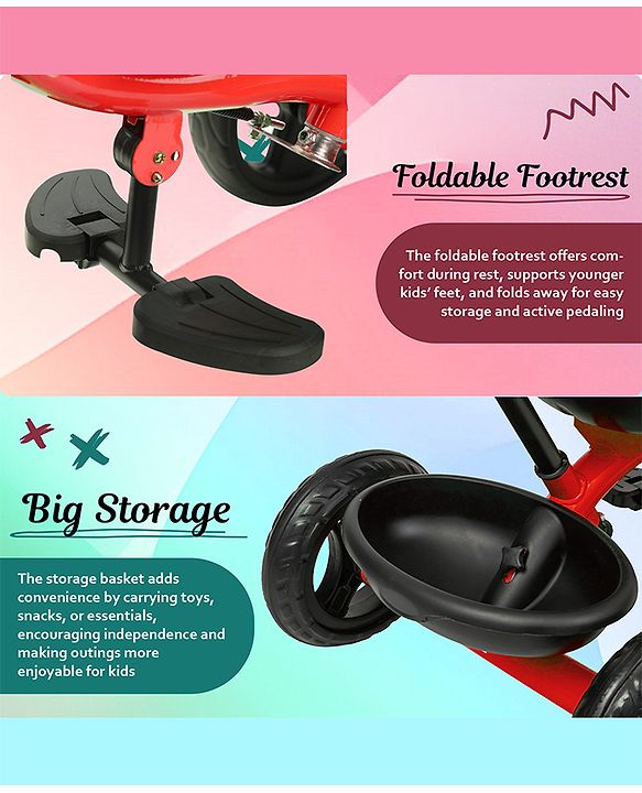 Babyhug Tricycle with Parental Push Handle-Orange| Safety Harness| Foldable Footrest| Storage Baskets| Anti-Slip Pedals| Adjustable Push Bar| Puncture Proof Wheels| Comfortable Seat| High Backrest