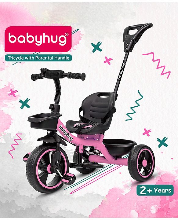 Babyhug Tricycle with Parental Push Handle-Orange| Safety Harness| Foldable Footrest| Storage Baskets| Anti-Slip Pedals| Adjustable Push Bar| Puncture Proof Wheels| Comfortable Seat| High Backrest