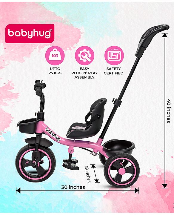 Babyhug Tricycle with Parental Push Handle-Orange| Safety Harness| Foldable Footrest| Storage Baskets| Anti-Slip Pedals| Adjustable Push Bar| Puncture Proof Wheels| Comfortable Seat| High Backrest
