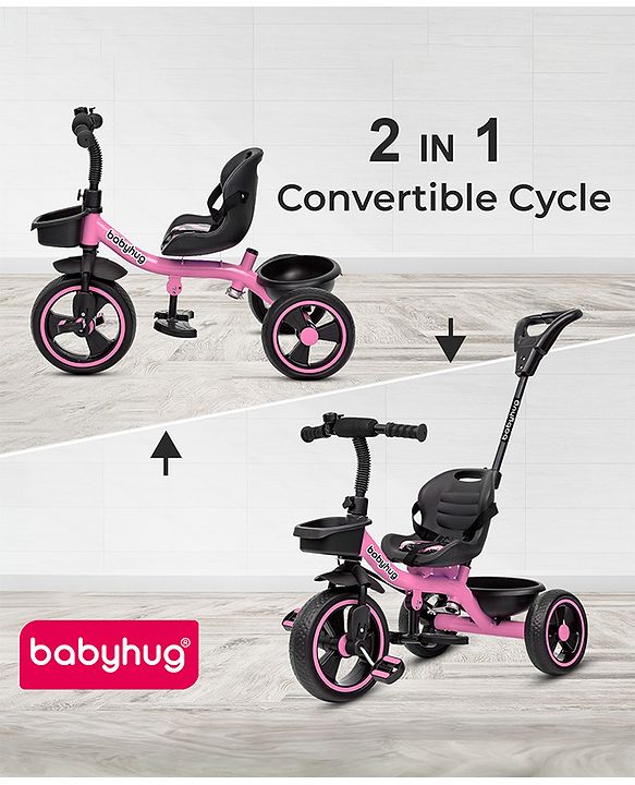 Babyhug Tricycle with Parental Push Handle-Orange| Safety Harness| Foldable Footrest| Storage Baskets| Anti-Slip Pedals| Adjustable Push Bar| Puncture Proof Wheels| Comfortable Seat| High Backrest