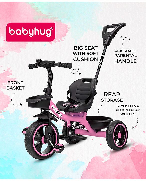 Babyhug Tricycle with Parental Push Handle-Orange| Safety Harness| Foldable Footrest| Storage Baskets| Anti-Slip Pedals| Adjustable Push Bar| Puncture Proof Wheels| Comfortable Seat| High Backrest