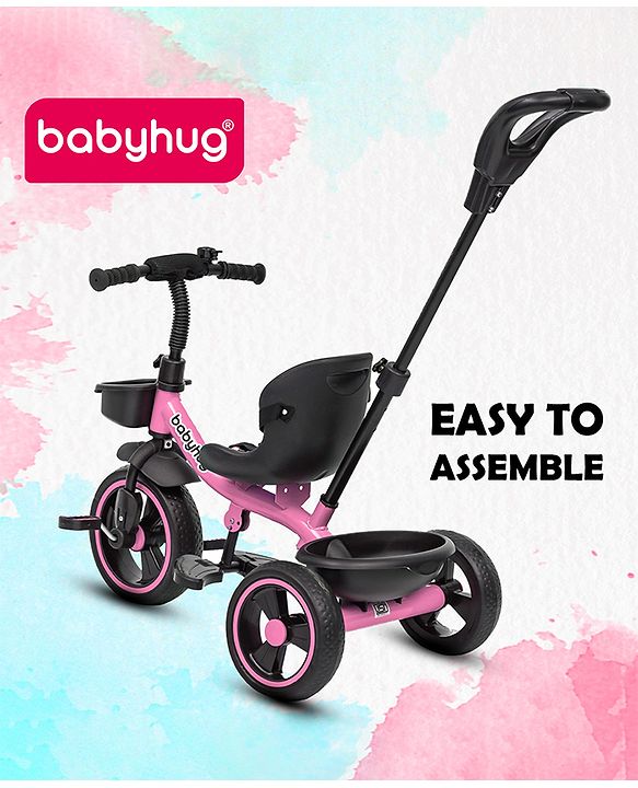 Babyhug Tricycle with Parental Push Handle-Orange| Safety Harness| Foldable Footrest| Storage Baskets| Anti-Slip Pedals| Adjustable Push Bar| Puncture Proof Wheels| Comfortable Seat| High Backrest