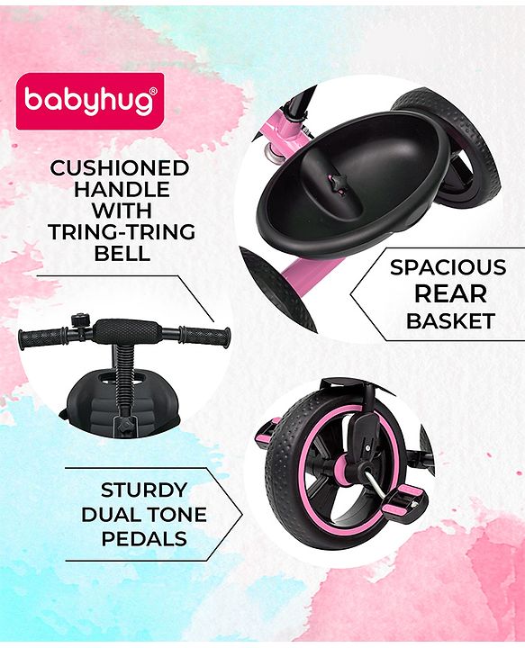 Babyhug Tricycle with Parental Push Handle-Orange| Safety Harness| Foldable Footrest| Storage Baskets| Anti-Slip Pedals| Adjustable Push Bar| Puncture Proof Wheels| Comfortable Seat| High Backrest