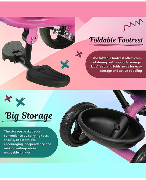 Babyhug Tricycle with Parental Push Handle-Orange| Safety Harness| Foldable Footrest| Storage Baskets| Anti-Slip Pedals| Adjustable Push Bar| Puncture Proof Wheels| Comfortable Seat| High Backrest