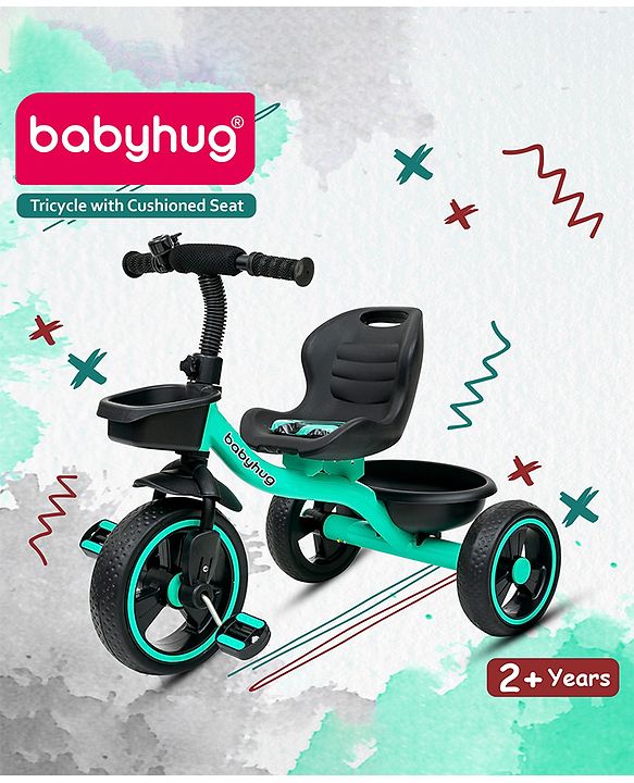 Babyhug Tricycle with Comfortable Seat & High Backrest|Storage Baskets| Anti-Slip Pedals| Puncture Proof Wheels| Easy to Assemble| Cushion Seat - Sea Green