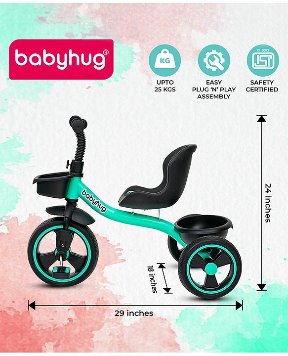 Babyhug Tricycle with Comfortable Seat & High Backrest|Storage Baskets| Anti-Slip Pedals| Puncture Proof Wheels| Easy to Assemble| Cushion Seat - Sea Green