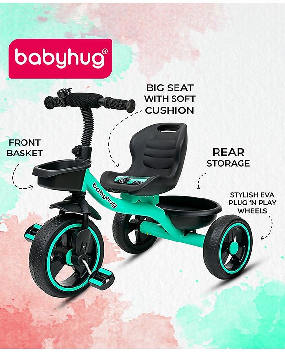 Babyhug Tricycle with Comfortable Seat & High Backrest|Storage Baskets| Anti-Slip Pedals| Puncture Proof Wheels| Easy to Assemble| Cushion Seat - Sea Green