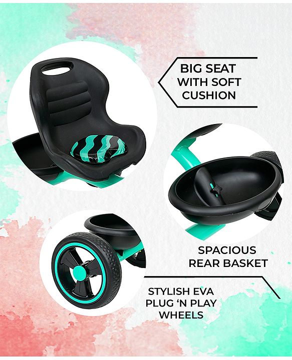 Babyhug Tricycle with Comfortable Seat & High Backrest|Storage Baskets| Anti-Slip Pedals| Puncture Proof Wheels| Easy to Assemble| Cushion Seat - Sea Green