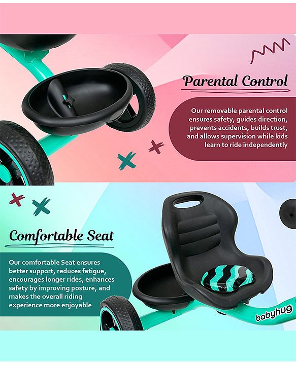 Babyhug Tricycle with Comfortable Seat & High Backrest|Storage Baskets| Anti-Slip Pedals| Puncture Proof Wheels| Easy to Assemble| Cushion Seat - Sea Green