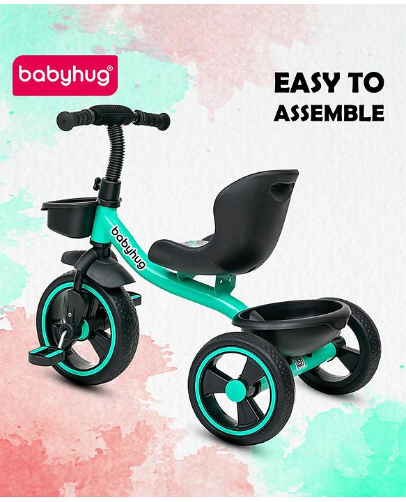 Babyhug Tricycle with Comfortable Seat & High Backrest|Storage Baskets| Anti-Slip Pedals| Puncture Proof Wheels| Easy to Assemble| Cushion Seat - Sea Green