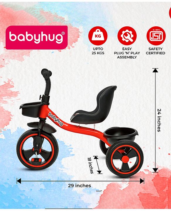 Babyhug Tricycle with Comfortable Seat & High Backrest|Storage Baskets| Anti-Slip Pedals| Puncture Proof Wheels| Easy to Assemble| Cushion Seat - Sea Green