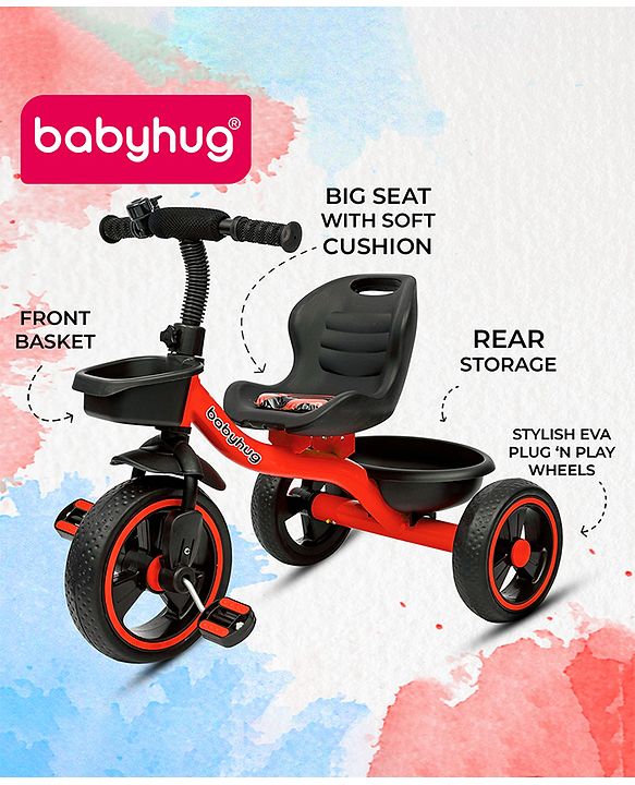 Babyhug Tricycle with Comfortable Seat & High Backrest|Storage Baskets| Anti-Slip Pedals| Puncture Proof Wheels| Easy to Assemble| Cushion Seat - Sea Green