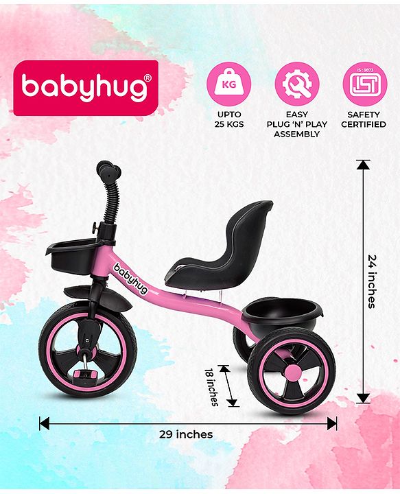 Babyhug Tricycle with Comfortable Seat & High Backrest|Storage Baskets| Anti-Slip Pedals| Puncture Proof Wheels| Easy to Assemble| Cushion Seat - Sea Green