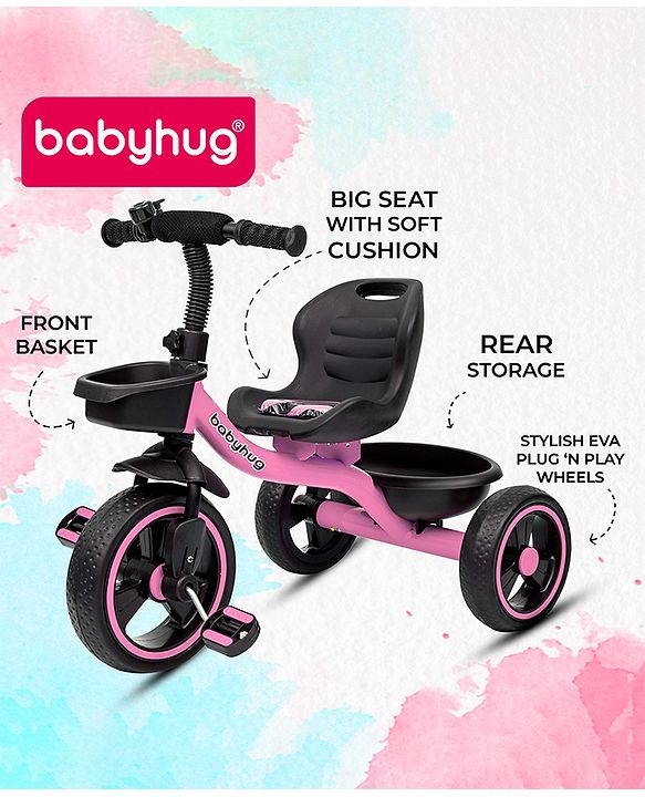 Babyhug Tricycle with Comfortable Seat & High Backrest|Storage Baskets| Anti-Slip Pedals| Puncture Proof Wheels| Easy to Assemble| Cushion Seat - Sea Green