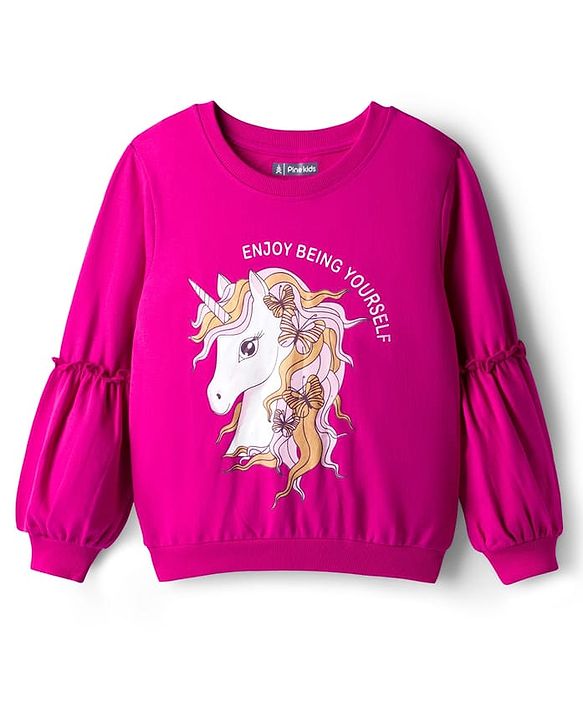 Pine Kids Cotton Knit Full Sleeves Sweatshirt With Unicorn Print - Fuchsia