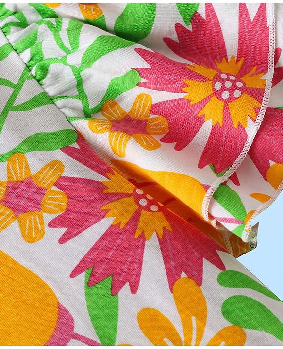 Pine Kids Cotton Knit Flutter Sleeves Top with Floral Print - Light Green & Pink