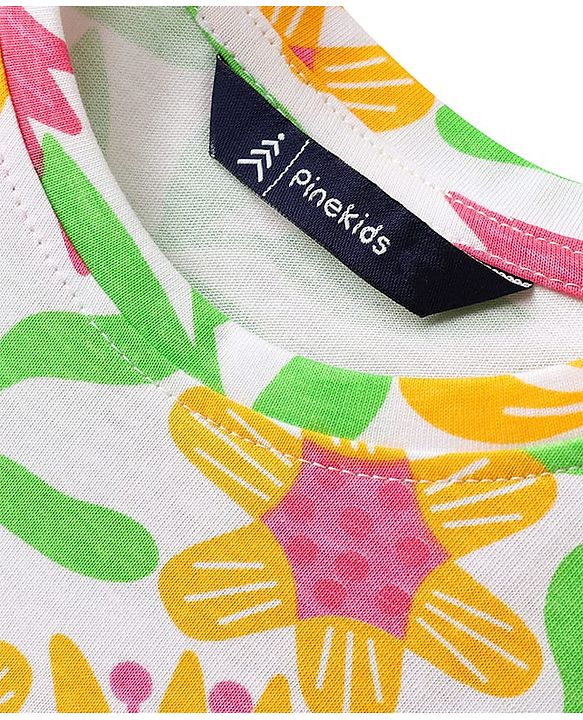 Pine Kids Cotton Knit Flutter Sleeves Top with Floral Print - Light Green & Pink