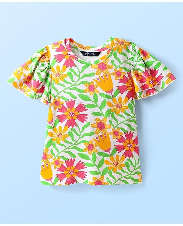 Pine Kids Cotton Knit Flutter Sleeves Top with Floral Print - Light Green & Pink