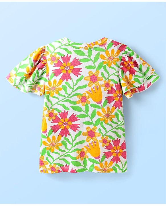 Pine Kids Cotton Knit Flutter Sleeves Top with Floral Print - Light Green & Pink