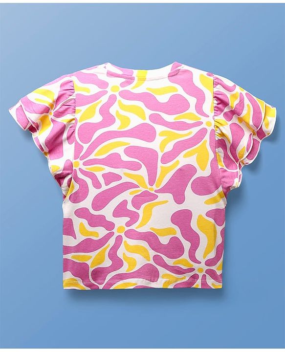 Pine Kids Cotton Knit Half Flutter Sleeves Top with Abstract Print - Multicolor