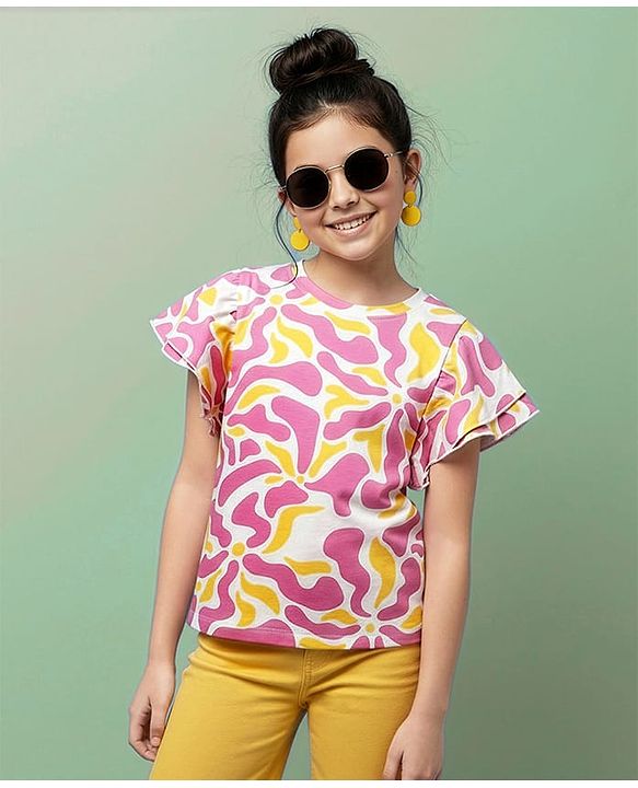 Pine Kids Cotton Knit Half Flutter Sleeves Top with Abstract Print - Multicolor