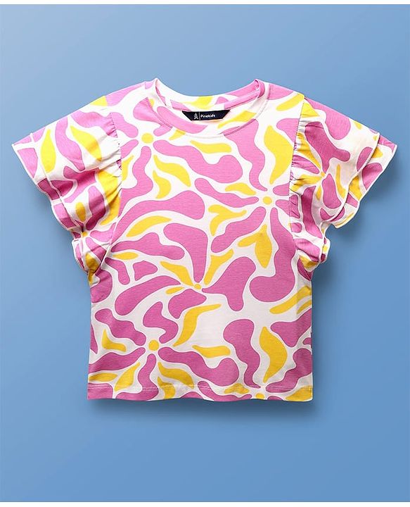 Pine Kids Cotton Knit Half Flutter Sleeves Top with Abstract Print - Multicolor