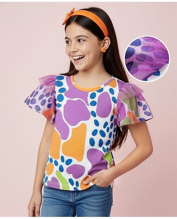 Pine Kids Cotton Knit Flutter Sleeves Top with Abstract Print - White & Plum