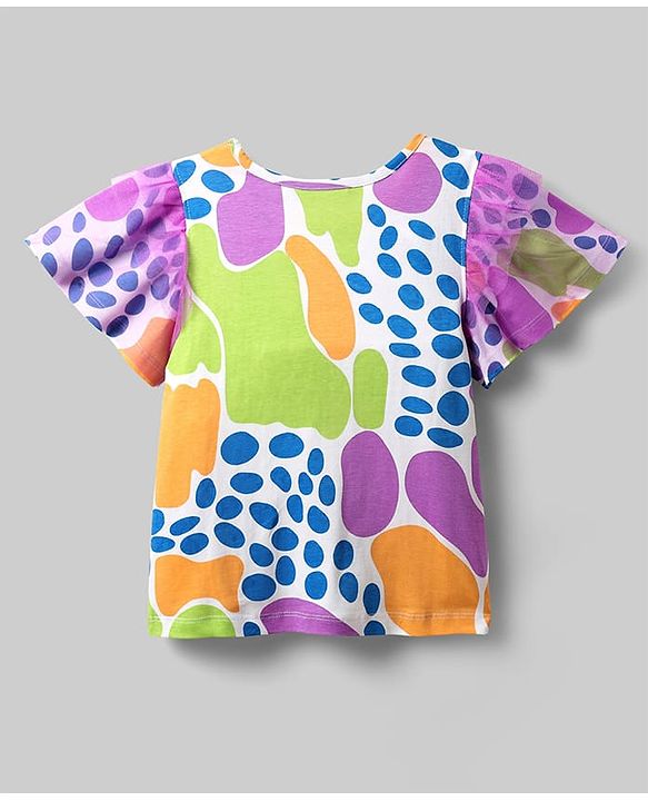 Pine Kids Cotton Knit Flutter Sleeves Top with Abstract Print - White & Plum