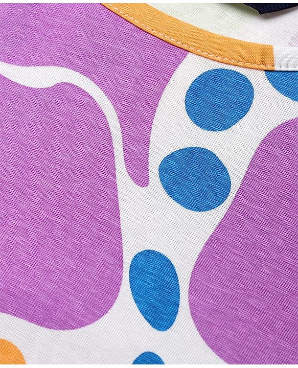Pine Kids Cotton Knit Flutter Sleeves Top with Abstract Print - White & Plum