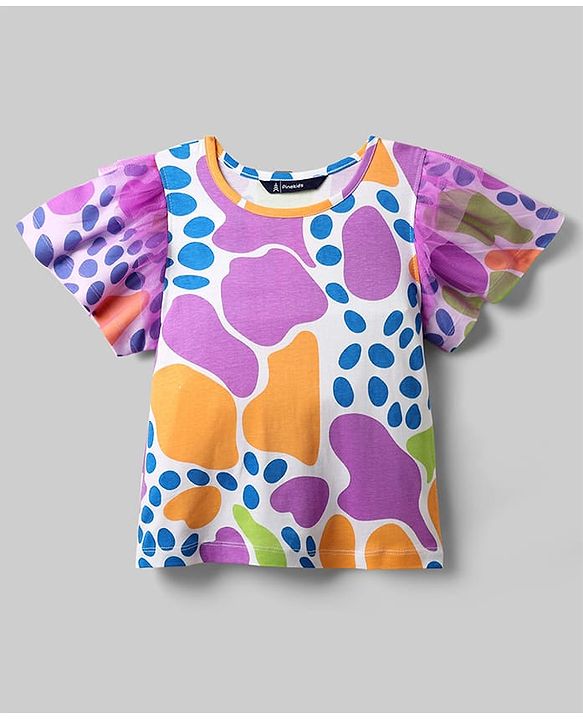 Pine Kids Cotton Knit Flutter Sleeves Top with Abstract Print - White & Plum