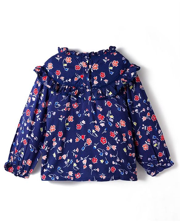 Babyhug Rayon Woven Full Sleeves Top With Floral Prints Lace & Frill Detailing - Navy Blue
