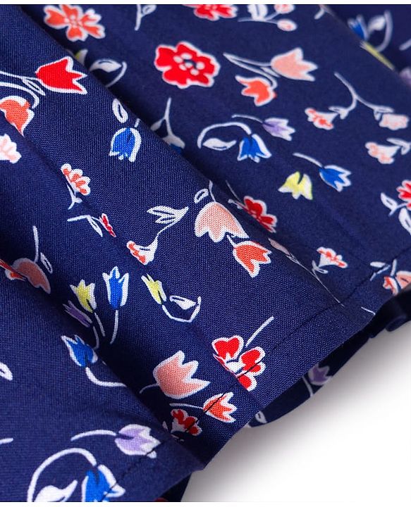 Babyhug Rayon Woven Full Sleeves Top With Floral Prints Lace & Frill Detailing - Navy Blue