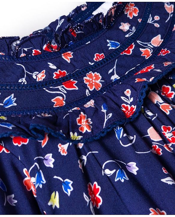 Babyhug Rayon Woven Full Sleeves Top With Floral Prints Lace & Frill Detailing - Navy Blue