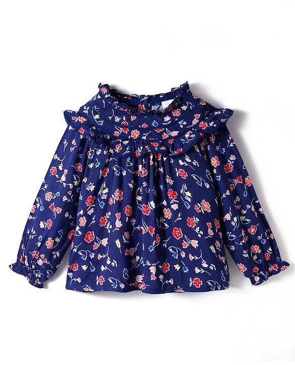 Babyhug Rayon Woven Full Sleeves Top With Floral Prints Lace & Frill Detailing - Navy Blue