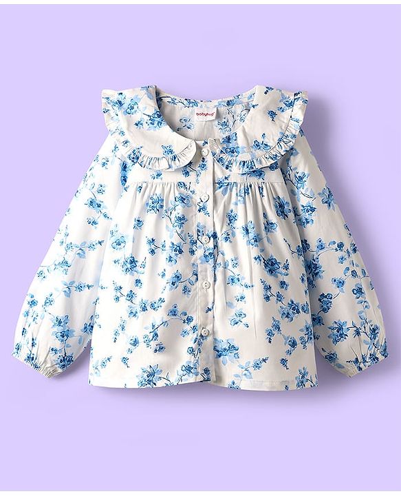 Babyhug 100% Cotton Poplin Woven Full Sleeves Floral Printed Peter Pan Collar Top - White