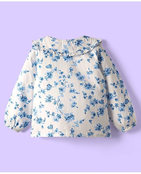 Babyhug 100% Cotton Poplin Woven Full Sleeves Floral Printed Peter Pan Collar Top - White