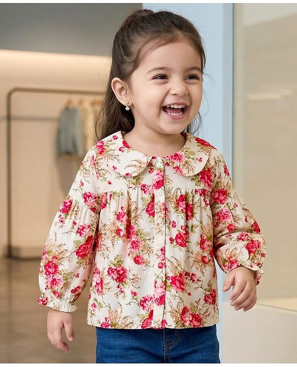 Babyhug Woven Rayon Full Sleeves Printed Top with Floral Print - Offwhite
