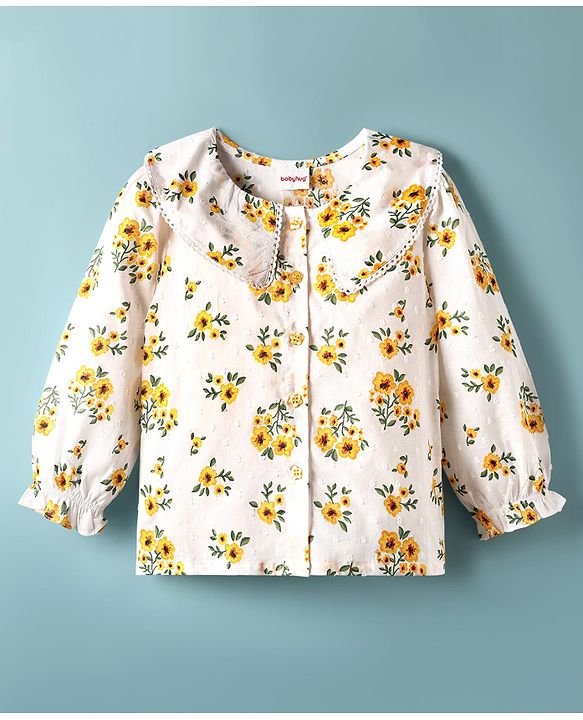 Babyhug 100% Cotton Woven Full Sleeves Floral & Swiss Dot Printed Peter Pan Collar Top - White