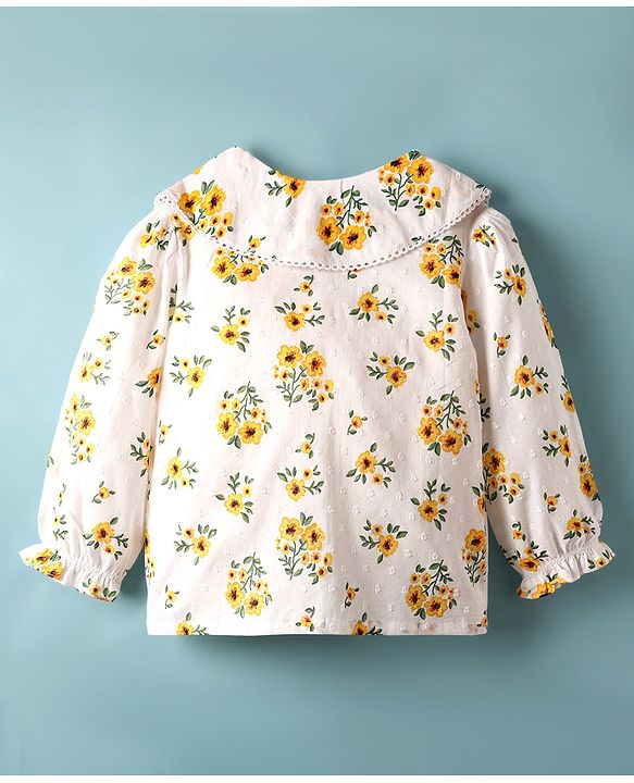 Babyhug 100% Cotton Woven Full Sleeves Floral & Swiss Dot Printed Peter Pan Collar Top - White