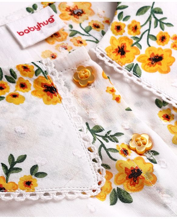 Babyhug 100% Cotton Woven Full Sleeves Floral & Swiss Dot Printed Peter Pan Collar Top - White