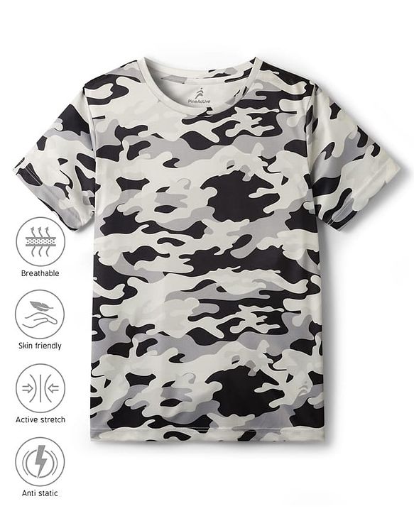 Pine Active Knit Half Sleeves T-Shirt with Camouflage Print - Grey & Black